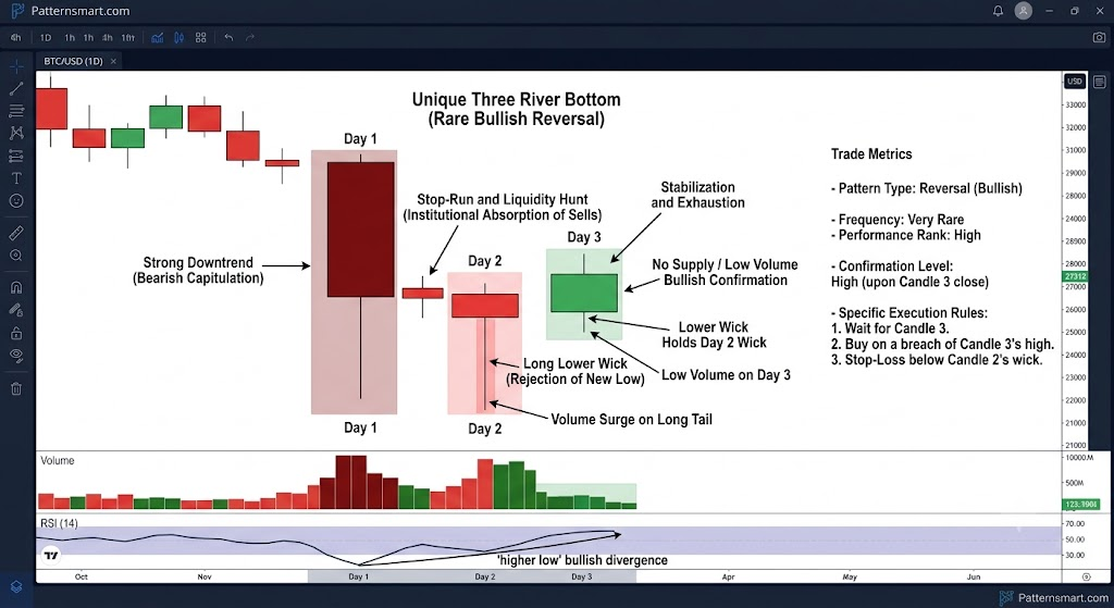 Unique Three River Bottom candlestick pattern