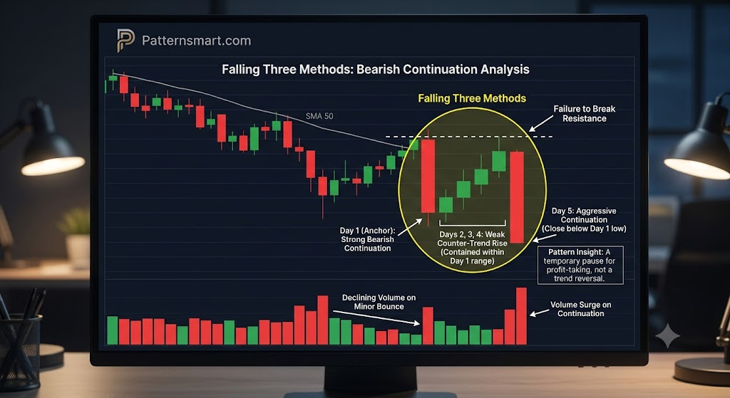 Technical Analysis: Mastering the “Falling Three Methods” Candlestick Pattern